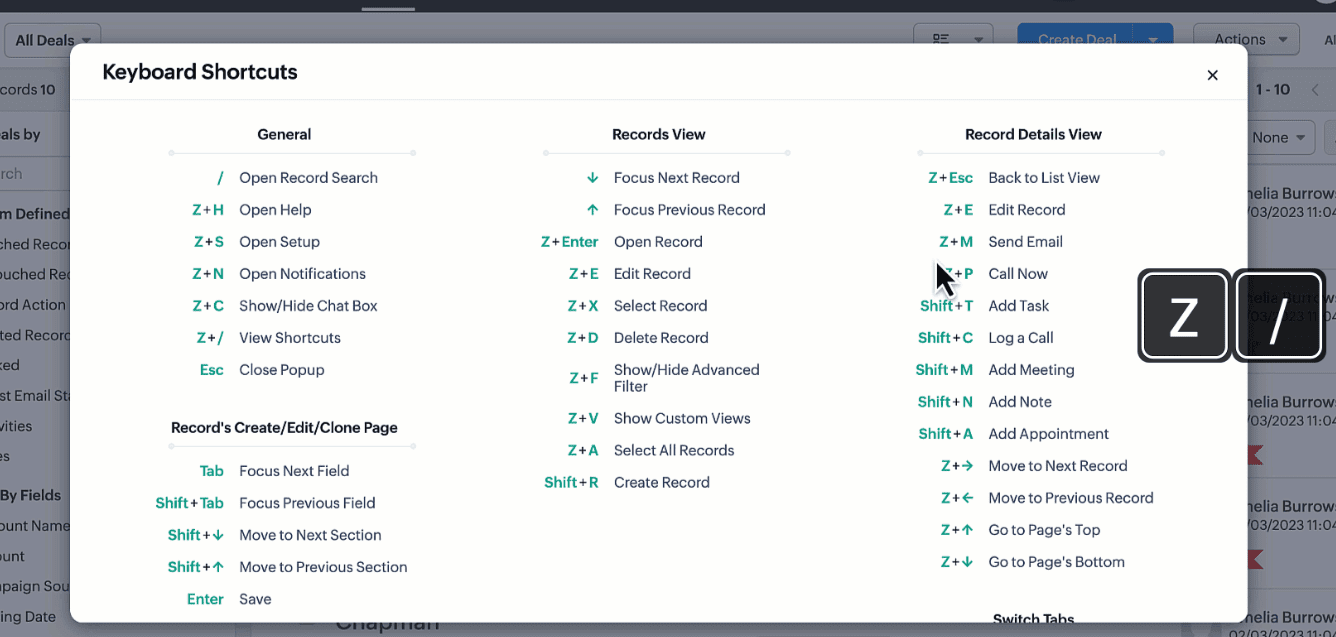 Zoho CRM shortcut keys